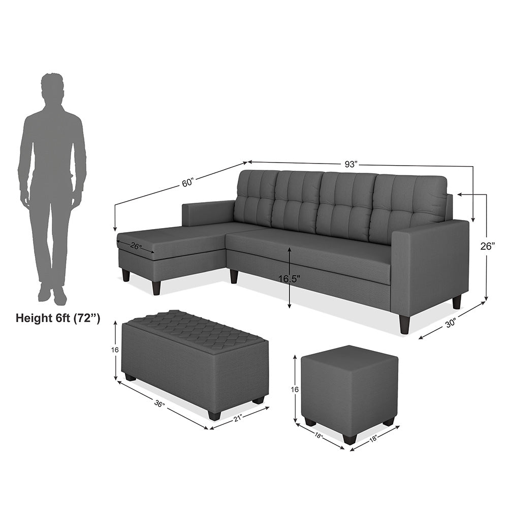 Adorn India Darcy L Shape 8 Seater Sofa Set with Center Table and 2 Ottoman Puffy (Lhs) (Grey) (3 Year Warranty)