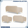 Adorn India Premium Luster Plus 3-2-1 Sofa Set | Velvet Suede Fabric | 3-Year Warranty | Color Beige with Golden Legs & Striped Pattern Cushion