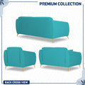 Adorn India Premium Luster Plus 3-2-1 Sofa Set | Velvet Suede Fabric | 3-Year Warranty | Color Aqua Blue with Golden Legs & Striped Pattern Cushion