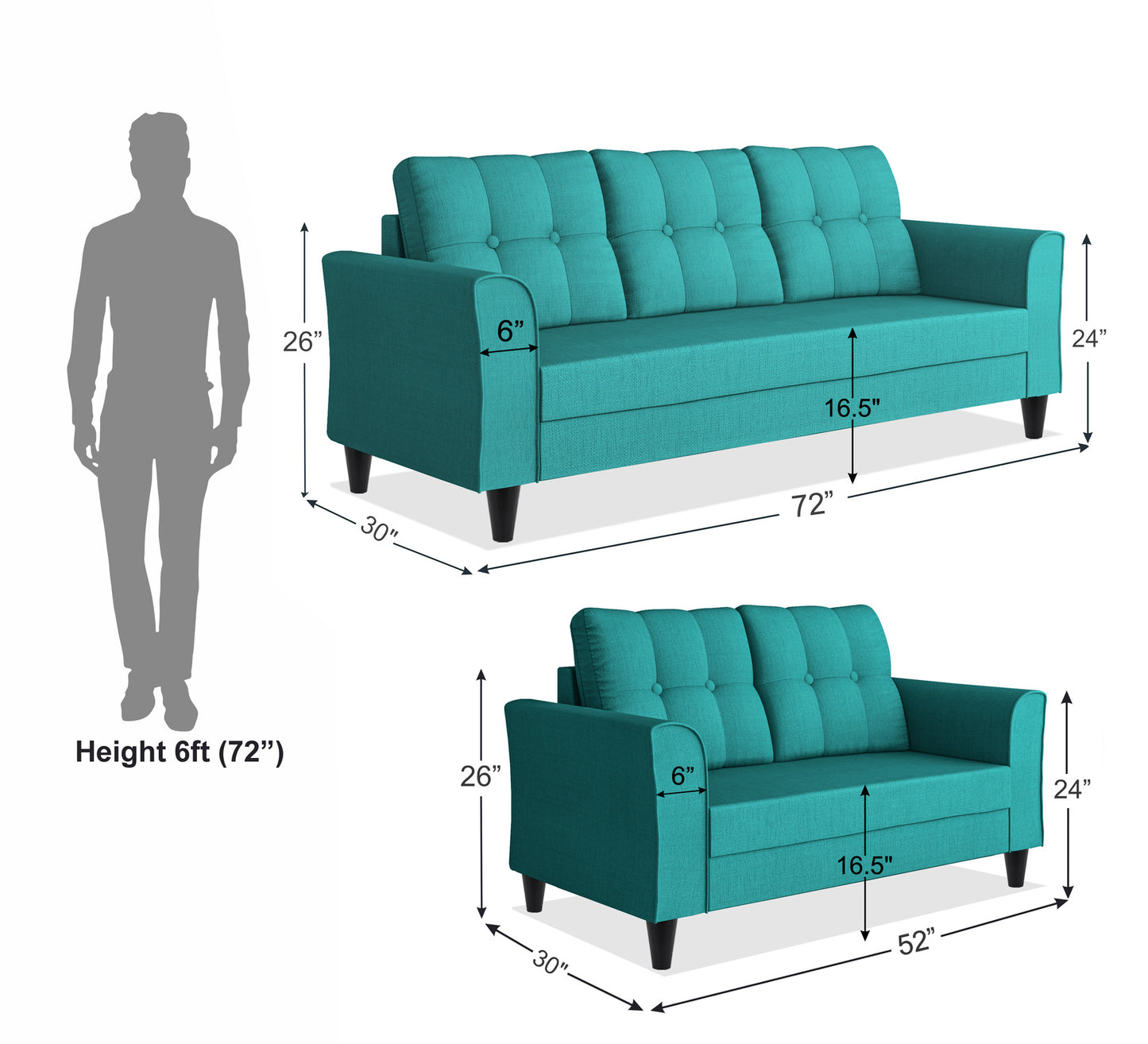 Adorn India Maddox Tufted 5 Seater 3+2 Sofa Set (Aqua Blue)