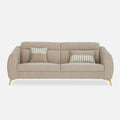 Adorn India Premium Luster Plus 3 Seater Sofa | Velvet Suede Fabric | 3-Year Warranty | Color Beige with Golden Legs & Striped Pattern Cushion