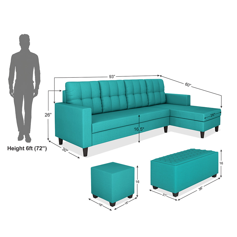 Adorn India Darcy L Shape 8 Seater Sofa Set with Center Table and 2 Ottoman Puffy (RHS) (Aqua Blue)