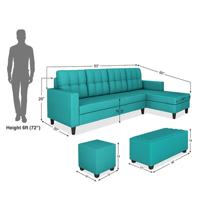 Adorn India Darcy L Shape 8 Seater Sofa Set with Center Table and 2 Ottoman Puffy (RHS) (Aqua Blue)