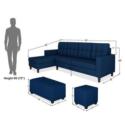 Adorn India Darcy L Shape 8 Seater Sofa Set with Center Table and 2 Ottoman Puffy (LHS) (Blue)