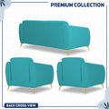 Adorn India Premium Luster Plus 3-1-1 Sofa Set | Velvet Suede Fabric | 3-Year Warranty | Color Aqua Blue with Golden Legs & Striped Pattern Cushion