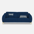 Adorn India Premium Luster Plus 3 Seater Sofa | Velvet Suede Fabric | 3-Year Warranty | Color Blue with Golden Legs & Striped Pattern Cushion
