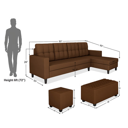 Adorn India Darcy L Shape 8 Seater Sofa Set with Center Table and 2 Ottoman Puffy (RHS) (Brown) (3 Year Warranty)