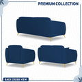Adorn India Premium Luster Plus 3-2-1 Sofa Set | Velvet Suede Fabric | 3-Year Warranty | Color Blue with Golden Legs & Striped Pattern Cushion