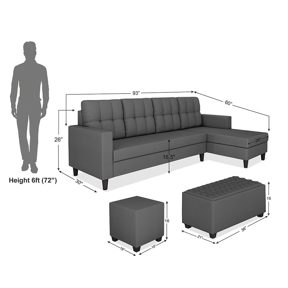 Adorn India Darcy L Shape 8 Seater Sofa Set with Center Table and 2 Ottoman Puffy (RHS) (Grey) (3 Year Warranty)