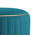 Adorn India Olivia Round 1 Seater Ottoman Pouffe Striped Pattern with Velvet Suede Fabric (Aqua Blue)