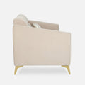 Adorn India Premium Luster Plus 3 Seater Sofa | Velvet Suede Fabric | 3-Year Warranty | Color Beige with Golden Legs & Striped Pattern Cushion