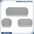 Premium Luster Plus 3-2-1 Sofa Set | Velvet Suede Fabric | 3-Year Warranty | Color Grey with Golden Legs & Striped Pattern Cushion