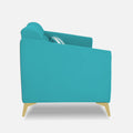 Adorn India Premium Luster Plus 3 Seater Sofa | Velvet Suede Fabric | 3-Year Warranty | Color Aqua Blue with Golden Legs & Striped Pattern Cushion