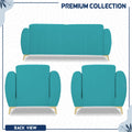 Adorn India Premium Luster Plus 3-1-1 Sofa Set | Velvet Suede Fabric | 3-Year Warranty | Color Aqua Blue with Golden Legs & Striped Pattern Cushion