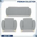 Adorn India Premium Luster Plus 3-1-1 Sofa Set | Velvet Suede Fabric | 3-Year Warranty | Color Grey with Golden Legs & Striped Pattern Cushion