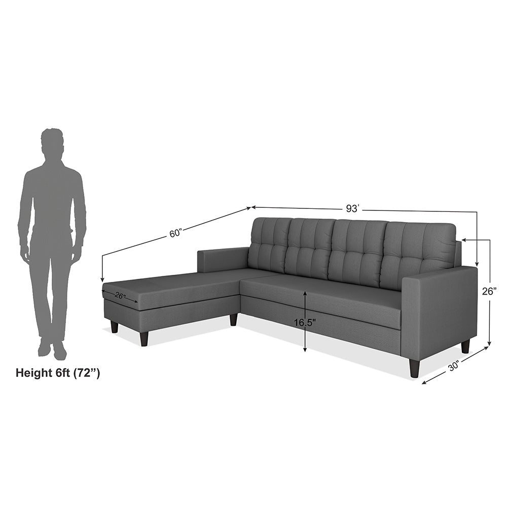 Adorn India Darcy L Shape 6 Seater Sofa Set (LHS) (Grey) (3 Year Warranty)