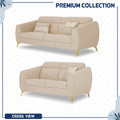 Adorn India Premium Luster Plus 3-2 Sofa Set | Velvet Suede Fabric | 3-Year Warranty | Color Beige with Golden Legs & Striped Pattern Cushion