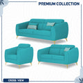 Adorn India Premium Luster Plus 3-2-1 Sofa Set | Velvet Suede Fabric | 3-Year Warranty | Color Aqua Blue with Golden Legs & Striped Pattern Cushion