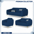Adorn India Premium Luster Plus 3-2-1 Sofa Set | Velvet Suede Fabric | 3-Year Warranty | Color Blue with Golden Legs & Striped Pattern Cushion