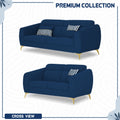 Adorn India Premium Luster Plus 3-2 Sofa Set | Velvet Suede Fabric | 3-Year Warranty | Color Blue with Golden Legs & Striped Pattern Cushion
