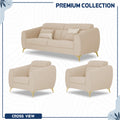 Adorn India Premium Luster Plus 3-1-1 Sofa Set | Velvet Suede Fabric | 3-Year Warranty | Color Beige with Golden Legs & Striped Pattern Cushion