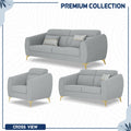 Adorn India Premium Luster Plus 3-2-1 Sofa Set | Velvet Suede Fabric | 3-Year Warranty | Color Grey with Golden Legs & Striped Pattern Cushion