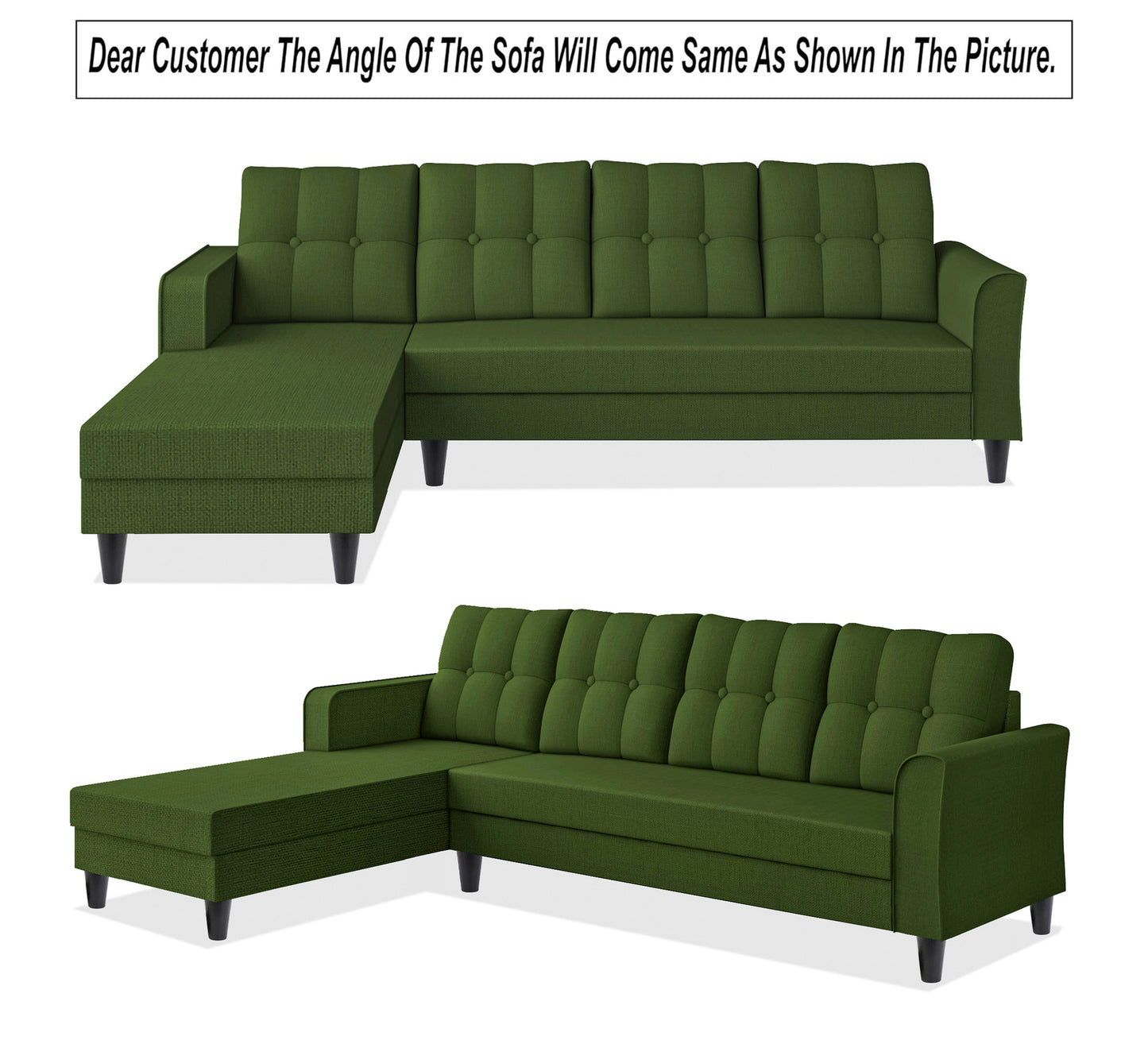 Adorn India Maddox Tufted L Shape 6 Seater Sofa Set LHS (Green)