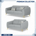 Adorn India Premium Luster Plus 3-2 Sofa Set | Velvet Suede Fabric | 3-Year Warranty | Color Grey with Golden Legs & Striped Pattern Cushion