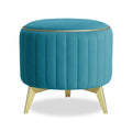 Adorn India Olivia Round 1 Seater Ottoman Pouffe Striped Pattern with Velvet Suede Fabric (Aqua Blue)