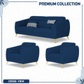 Adorn India Premium Luster Plus 3-1-1 Sofa Set | Velvet Suede Fabric | 3-Year Warranty | Color Blue with Golden Legs & Striped Pattern Cushion