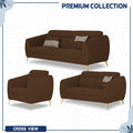 Adorn India Premium Luster Plus 3-2-1 Sofa Set | Velvet Suede Fabric | 3-Year Warranty | Color Brown with Golden Legs & Striped Pattern Cushion