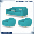 Adorn India Premium Luster Plus 3-1-1 Sofa Set | Velvet Suede Fabric | 3-Year Warranty | Color Aqua Blue with Golden Legs & Striped Pattern Cushion