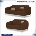 Adorn India Premium Luster Plus 3-2 Sofa Set | Velvet Suede Fabric | 3-Year Warranty | Color Brown with Golden Legs & Striped Pattern Cushion