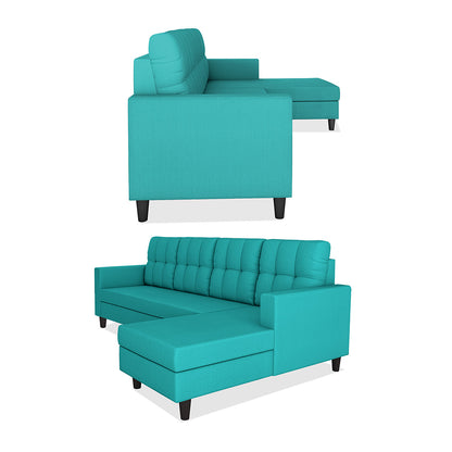 Adorn India Darcy L Shape 8 Seater Sofa Set with Center Table and 2 Ottoman Puffy (RHS) (Aqua Blue)