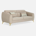 Adorn India Premium Luster Plus 3 Seater Sofa | Velvet Suede Fabric | 3-Year Warranty | Color Beige with Golden Legs & Striped Pattern Cushion