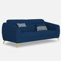 Adorn India Premium Luster Plus 3 Seater Sofa | Velvet Suede Fabric | 3-Year Warranty | Color Blue with Golden Legs & Striped Pattern Cushion