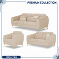 Adorn India Premium Luster Plus 3-2-1 Sofa Set | Velvet Suede Fabric | 3-Year Warranty | Color Beige with Golden Legs & Striped Pattern Cushion