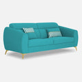 Adorn India Premium Luster Plus 3 Seater Sofa | Velvet Suede Fabric | 3-Year Warranty | Color Aqua Blue with Golden Legs & Striped Pattern Cushion