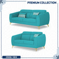 Adorn India Premium Luster Plus 3-2 Sofa Set | Velvet Suede Fabric | 3-Year Warranty | Color Aqua Blue with Golden Legs & Striped Pattern Cushion