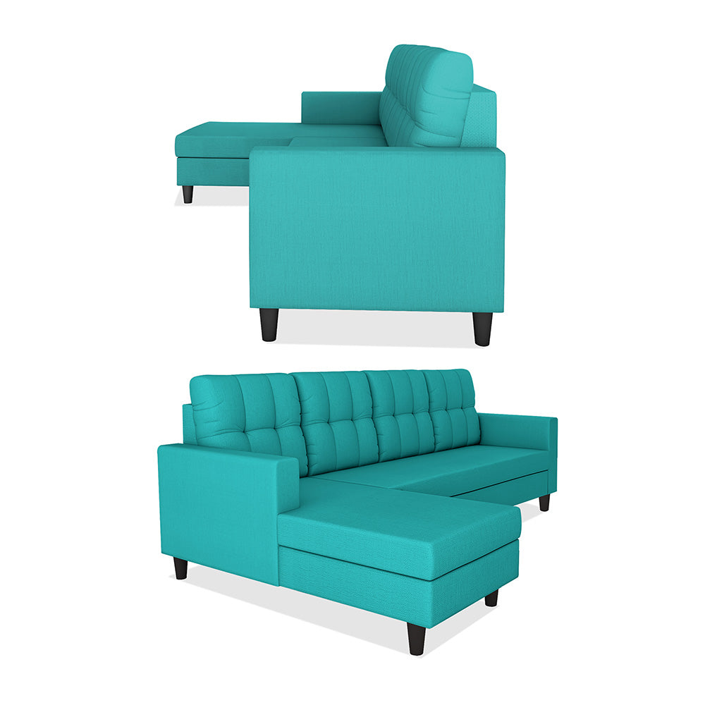 Adorn India Darcy L Shape 8 Seater Sofa Set with Center Table and 2 Ottoman Puffy (LHS) (Aqua Blue)