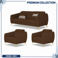 Adorn India Premium Luster Plus 3-1-1 Sofa Set | Velvet Suede Fabric | 3-Year Warranty | Color Brown with Golden Legs & Striped Pattern Cushion