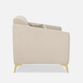 Adorn India Premium Luster Plus 2 Seater Sofa | Velvet Suede Fabric | 3-Year Warranty | Color Beige with Golden Legs & Striped Pattern Cushion