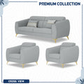 Adorn India Premium Luster Plus 3-1-1 Sofa Set | Velvet Suede Fabric | 3-Year Warranty | Color Grey with Golden Legs & Striped Pattern Cushion