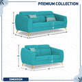 Adorn India Premium Luster Plus 3-2 Sofa Set | Velvet Suede Fabric | 3-Year Warranty | Color Aqua Blue with Golden Legs & Striped Pattern Cushion