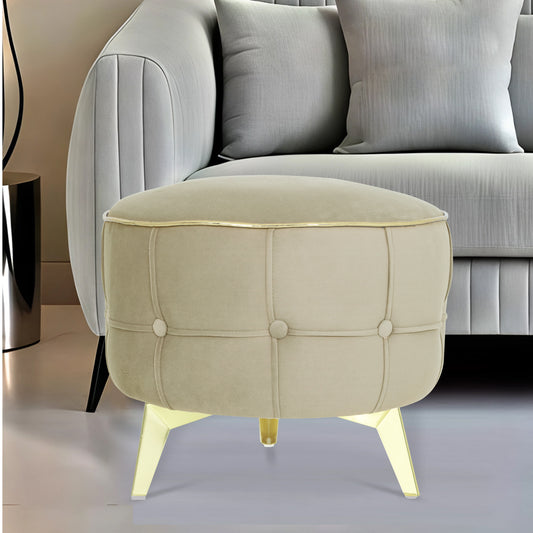 Adorn India Macolm Round 1 Seater Ottoman Pouffe Tufted Pattern with Velvet Suede Fabric (Beige)