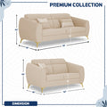 Adorn India Premium Luster Plus 3-2 Sofa Set | Velvet Suede Fabric | 3-Year Warranty | Color Beige with Golden Legs & Striped Pattern Cushion
