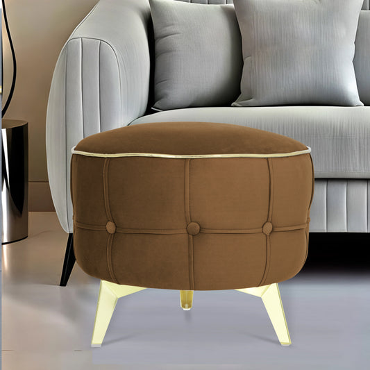 Adorn India Macolm Round 1 Seater Ottoman Pouffe Tufted Pattern with Velvet Suede Fabric (Brown)