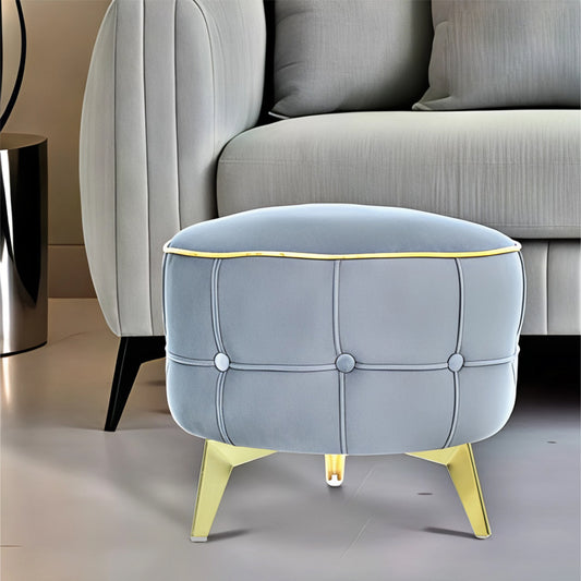 Adorn India Macolm Round 1 Seater Ottoman Pouffe Tufted Pattern with Velvet Suede Fabric (Grey)
