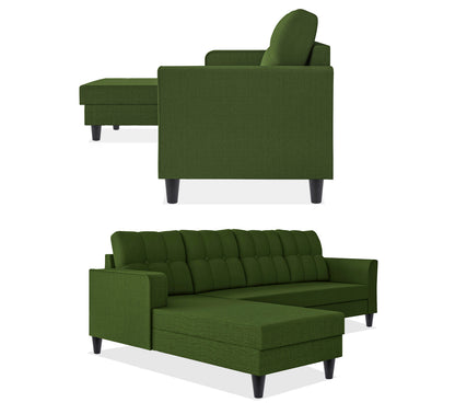 Adorn India Maddox Tufted L Shape 6 Seater Sofa Set LHS (Green)