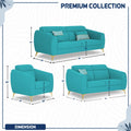 Adorn India Premium Luster Plus 3-2-1 Sofa Set | Velvet Suede Fabric | 3-Year Warranty | Color Aqua Blue with Golden Legs & Striped Pattern Cushion